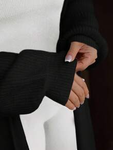 SAYEHFBABY 女士纯色蝙蝠袖长袖宽松长款休闲开衫，秋冬季，长袖上衣 - 黑色 - 查看 3