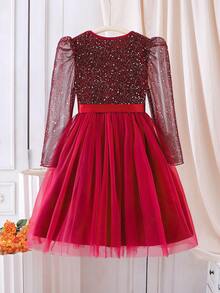 Elladie kids Vestido de Tule Vermelho Elegante e Vintage com Babados na Manga, Gola Redonda e Cintura Marcada, Adequado para Feriados como Halloween, Natal, Ano Novo, Primavera e Outono - Vermelho - Visão 2