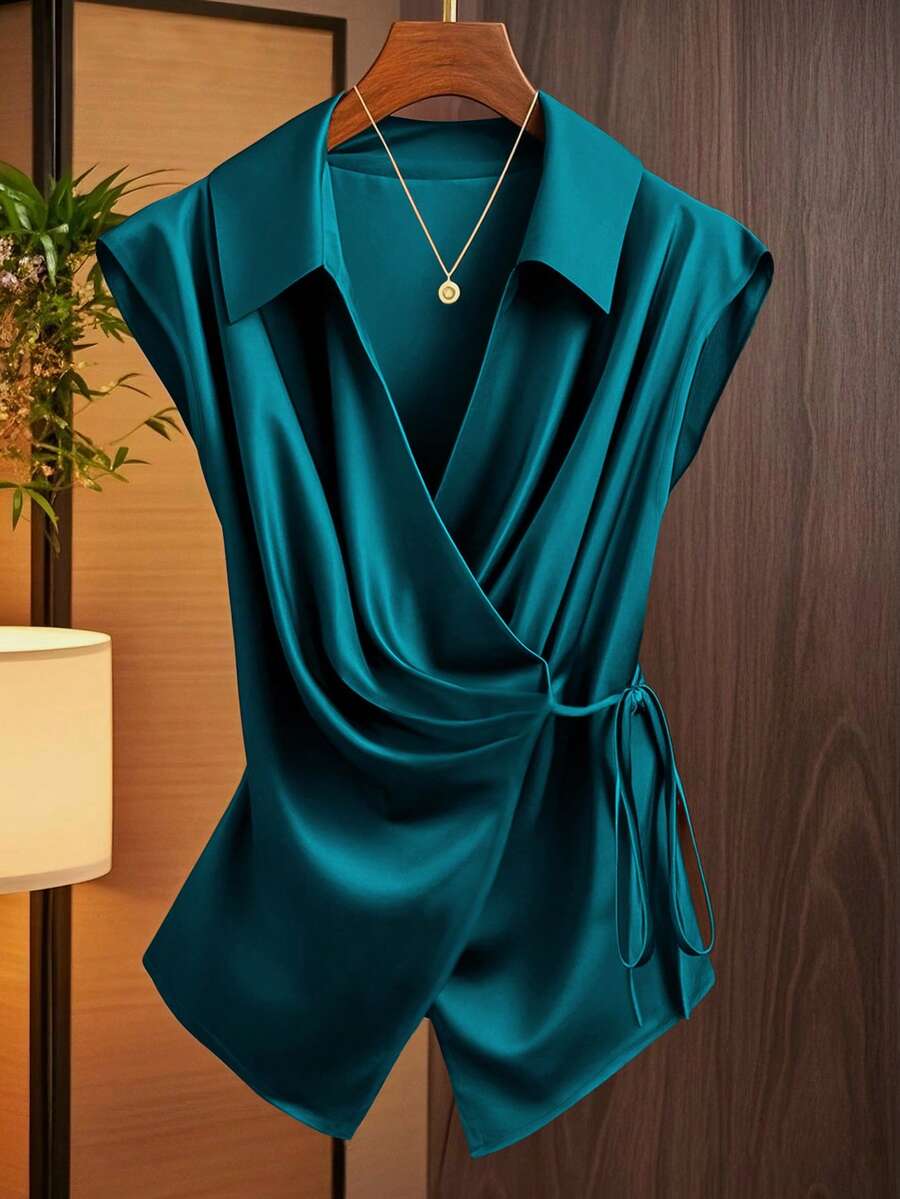 GlowEve Women's Collared Pleated Tie-Front Sleeveless Blouse Green Blue St Patrick's Day - Blue - View 1
