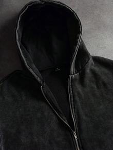 SLATEMANN Manfinity Streetrush 男士街头风格流行 INS 搭配水洗复古深色哥特式休闲街头服饰，男友/丈夫礼物，周年纪念礼物，时尚拉链黑色水洗连帽衫，秋冬 - 黑色 - 查看 4