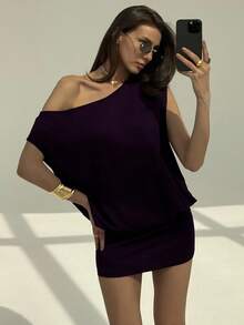 Aloruh 现代外向年轻女士不对称肩短袖紧腰迷你连衣裙 - 紫色 - 查看 6