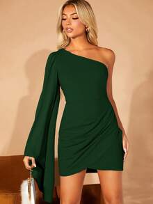 SHEIN Belle Women's Elegant Party Solid Color Asymmetric Neck Flare Sleeve Wrap Dress - Dark Green - View 3
