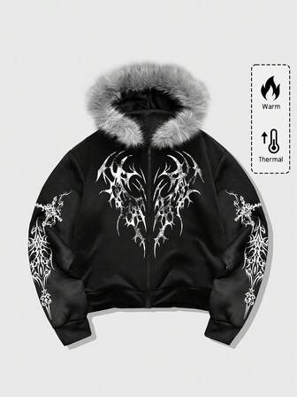 Goth Sweat-shirt zippé ample et décontracté pour hommes avec col en fourrure, automne/hiver