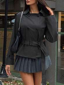 TRNVIE Fitted Short Jacket For Women With Revers Collar, Belt, Slant Pockets, Cropped Design, Suitable For Winter, New Year, Outdoor Use - Grey - View 4