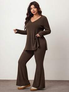 Enliva Plus Size Casual Homewear Minimalist Ribbed 2 Pieces Set, Autumn Clothes, Winter Clothes, Friendly To Round Body Curves, For Apple Rounded Body Shape Women Plus Clothing Sets