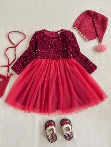 PrepCrw 年轻女孩优雅串珠网眼圆领泡泡袖派对连衣裙 - 紅色 - 查看 2