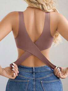 1件装女士无缝无衬垫优雅透气舒适交叉后背抹胸文胸 - 淡紫色 - 查看 4