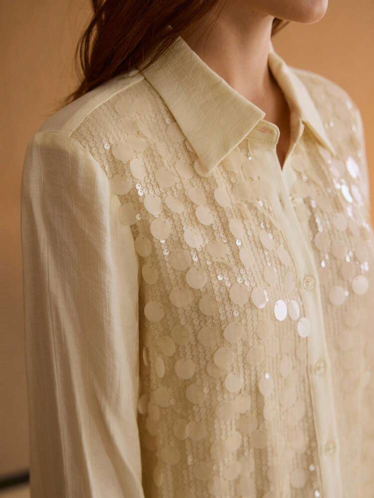 APRICOT CONTRAST SEQUIN EMBROIDERY FITTED LONG SLEEVE ELEGANT OFFICE LADY BLOUSE, SPRING/SUMMER