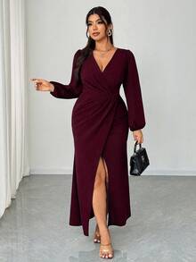 Elenzga 大码女士优雅V领长袖裹身开衩连衣裙，适合派对、新年、婚礼宾客等场合，酒红色，春/秋/冬皆宜。 - 酒紅色 - 查看 4