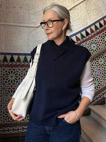 Vivie Lora Suéter de punto ajustado sin mangas con cuello para mujer - Gris - Ver 4