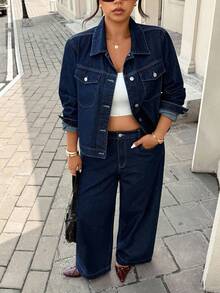 SHEIN Unity Plus Size Casual Denim Jacket With Cuff Buttons, Natural Color - Dark Wash - View 3