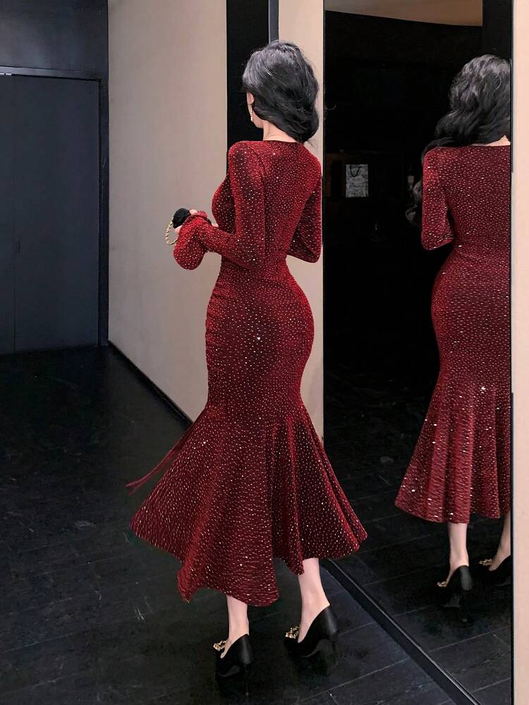 Retro French Style Fitted Mermaid Hem Dress, Slimming & Elegant, Suitable For Layering In Autumn/Winter Dress