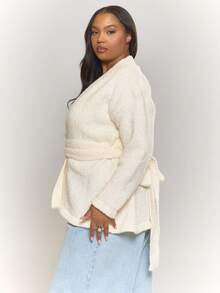 MUSERA Plus Knitted Vneck Wrap Tie Waist Cardigan , Autumm, Winter, Cool Girl, Cosy, Everyday, Tusk - White - View 3