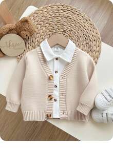 SHEIN Baby Boy/Girl Apricot Soft V-Neck Long Sleeve Knit Cardigan, Casual & Fashionable For Autumn/Winter