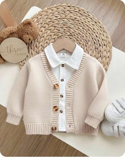 SHEIN Baby Boy/Girl Apricot Soft V-Neck Long Sleeve Knit Cardigan, Casual & Fashionable For Autumn/Winter