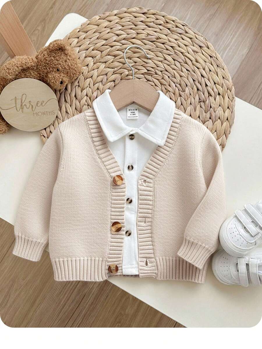 SHEIN Baby Boy/Girl Apricot Soft V-Neck Long Sleeve Knit Cardigan, Casual & Fashionable For Autumn/Winter