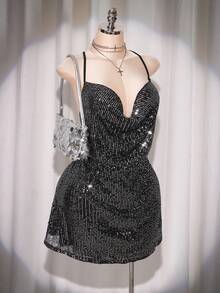 SHEIN ICON 大码女式亮片深V领银色迷你派对连衣裙 - 銀色 - 查看 6