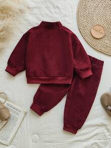 Vintaside Kids Baby Jungen Säugling/Kleinkind Jungen Herbst/Winter Stehkragen Langarm modisches hochwertiges Hemd kombiniert mit vielseitigen Lässig Hosen Set, geeignet für Zuhause Lässig, leichte Outdoor-Aktivitäten, Familienfeiern - Bordeaux - Übersicht 2