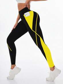 Exploreva Quần legging túi cạp cao màu tương phản dành cho nữ, phù hợp cho việc tập thể dục và chơi thể thao hàng ngày - Màu vàng - Xem 7