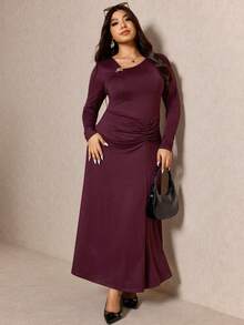 Elaquor Plus Size Women Casual Solid Color Long Sleeve Ruffle Waist Dress - Violet Purple - View 4