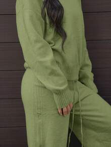 SAYEHFBABY 2 件套女式纯色圆领落肩长袖宽松套头针织毛衣套装 - 橄欖綠 - 查看 3