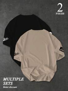 PAVTROS 2pcs Men's Letter Print Round Neck Casual Slim Fit Short Sleeve T-Shirts - Apricot - View 2