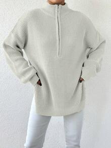 SHEIN Cottnline 女士半拉鍊垂墜肩毛衣 - 米色 - 查看 4