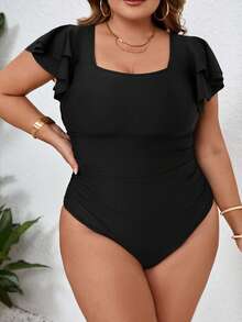 SHEIN CURVE+ 大码夸张荷叶边泡泡袖连体泳衣，适合夏季度假，女士度假装扮，女士沙滩装扮，大码泳衣，女士连体泳衣套装，泳装，显瘦泳衣 - 黑色 - 查看 5