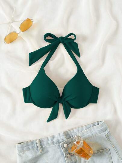 Swim Chiccia 2026 春夏聚拢特殊面料领结挂脖绿色聚拢优雅女士比基尼泳装上衣