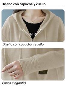Chaqueta para mujer con capucha de tejido de punto, chamarra para dama con cremallera y bolsillos grandes, colores café y beige, cálida para días frescos - Beis - Ver 4