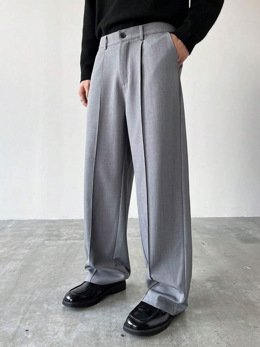 Manfinity Hypemode 男士时尚百搭纯色直筒西装裤 - 灰色 - 查看 1