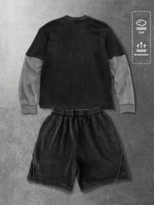 ROMWE MEN 男士星形印花圆领长袖T恤和抽绳腰带口袋短裤套装，休闲日常通勤装 - 彩色 - 查看 2