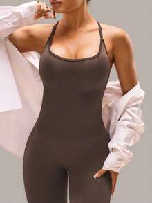Slayform 露背吊带紧身无袖连体裤 - 棕色 - 查看 7