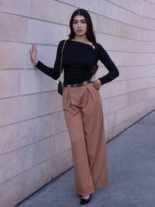 Andrea Bello Women's Fashionable Commuter Solid Color Asymmetric Collar Metal Decor T-Shirt Fall Cloth For Women - Black - View 6