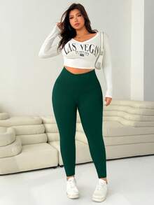 SHEIN EZwear 大码深绿色女式紧身裤 - 墨綠色 - 查看 5