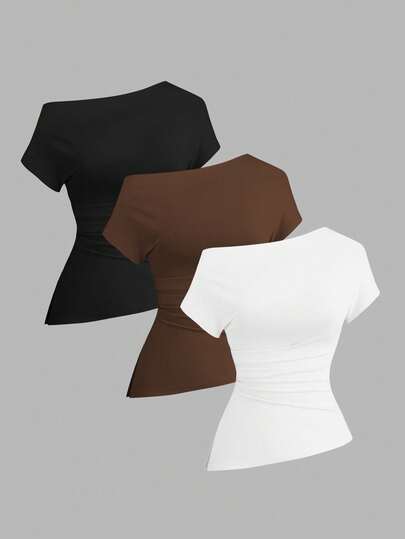 Sweetra 3pcs Women's Casual Solid Color Asymmetrical Neck Comfortable Ruched Fitted T-Shirts, Summer