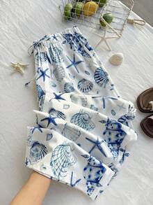 Comfortcana Quần dài mùa hè dáng rộng in họa tiết biển, có dây rút, thích hợp cho nữ, thích hợp mặc đi biển. - Nhiều màu - Xem 7