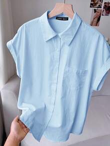 Comfortcana 女士休闲宽松短袖衬衫，夏季 - 藍色 - 查看 4