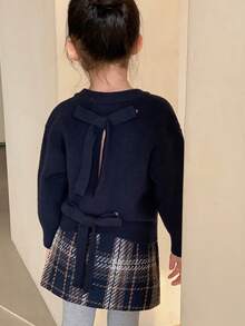 DAZY 女童圆领蝴蝶结装饰毛衣，秋季服装 - 藏蓝色 - 查看 3