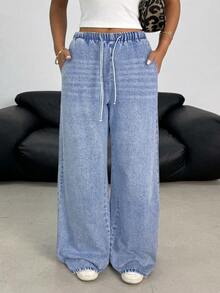 SHEIN Teenager Mädchen Y2K Frühling Sommer leicht gewaschene Jeans mit Tunnelzug Taille, Taschen, vielseitig für den täglichen Gebrauch, weite Beine - Helle Waschung - Übersicht 5