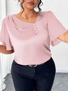 Elenzga 大码不对称荷叶边领纽扣装饰短袖优雅衬衫 - 淺粉色 - 查看 6