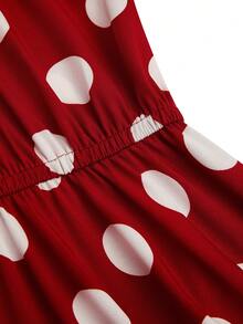 Sweetra 红色波点彼得潘领娃娃裙，休闲优雅学院风复古A字伞裙，简约及膝大码女装 - 紅色 - 查看 3