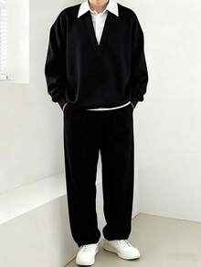 Manfinity Dauomo Casual Fashion Men's Patchwork Shirt Collar Long Sleeve Sweatshirt And Loose Pants Set - Black - View 1