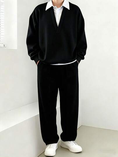 Manfinity Dauomo Casual Fashion Men's Patchwork Shirt Collar Long Sleeve Sweatshirt And Loose Pants Set