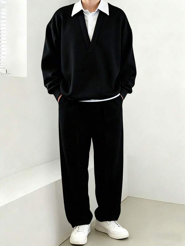 Manfinity Dauomo Casual Fashion Men's Patchwork Shirt Collar Long Sleeve Sweatshirt And Loose Pants Set