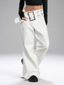 LYSMO 2025新款极简秋季复古宽松白色高腰阔腿裤，配金属孔眼腰带 - 白色 - 查看 3