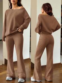 SHEIN EZwear 女士秋冬基本款针织纯灰色宽松露肩不对称领口长袖运动衫和喇叭裤健身套装、两件套服装