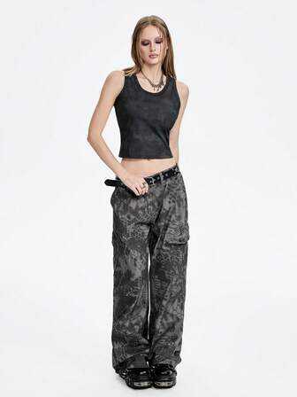 Breakform Kadın Vintage Çok Cepli Kamuflaj Bol Paça Rahat Paça Kot Pantolon