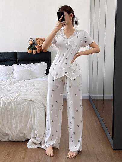Dream Adore Women's Soft & Comfortable Pajama Set With Lace Trim, Bow Print, And Asymmetrical Design Lingerie Pajamas Set Sleep Wear Women Sets Sleepwear 3 Pieces Summer Sleep Wear Sets Pajamas Set For Woman