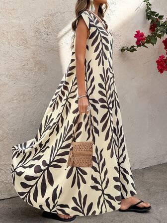 SHEIN Elenzya ชุดเดรสยาวพิเศษลายเรโทรสำหรับผู้หญิง เสื้อผ้าฤดูใบไม้ร่วง